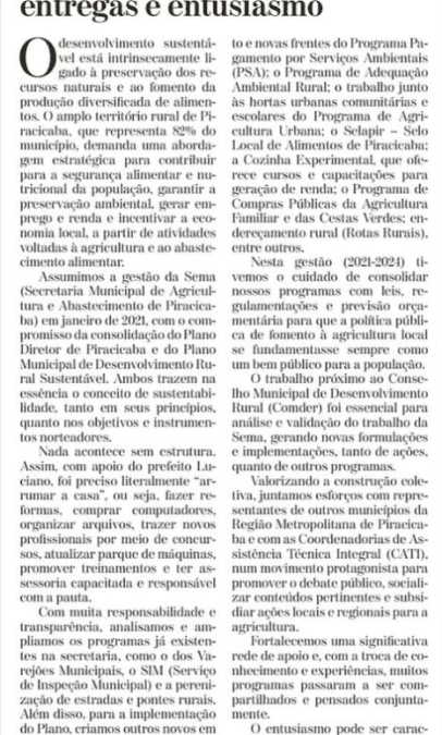 Agricultura com muito entusiasmo e entregas