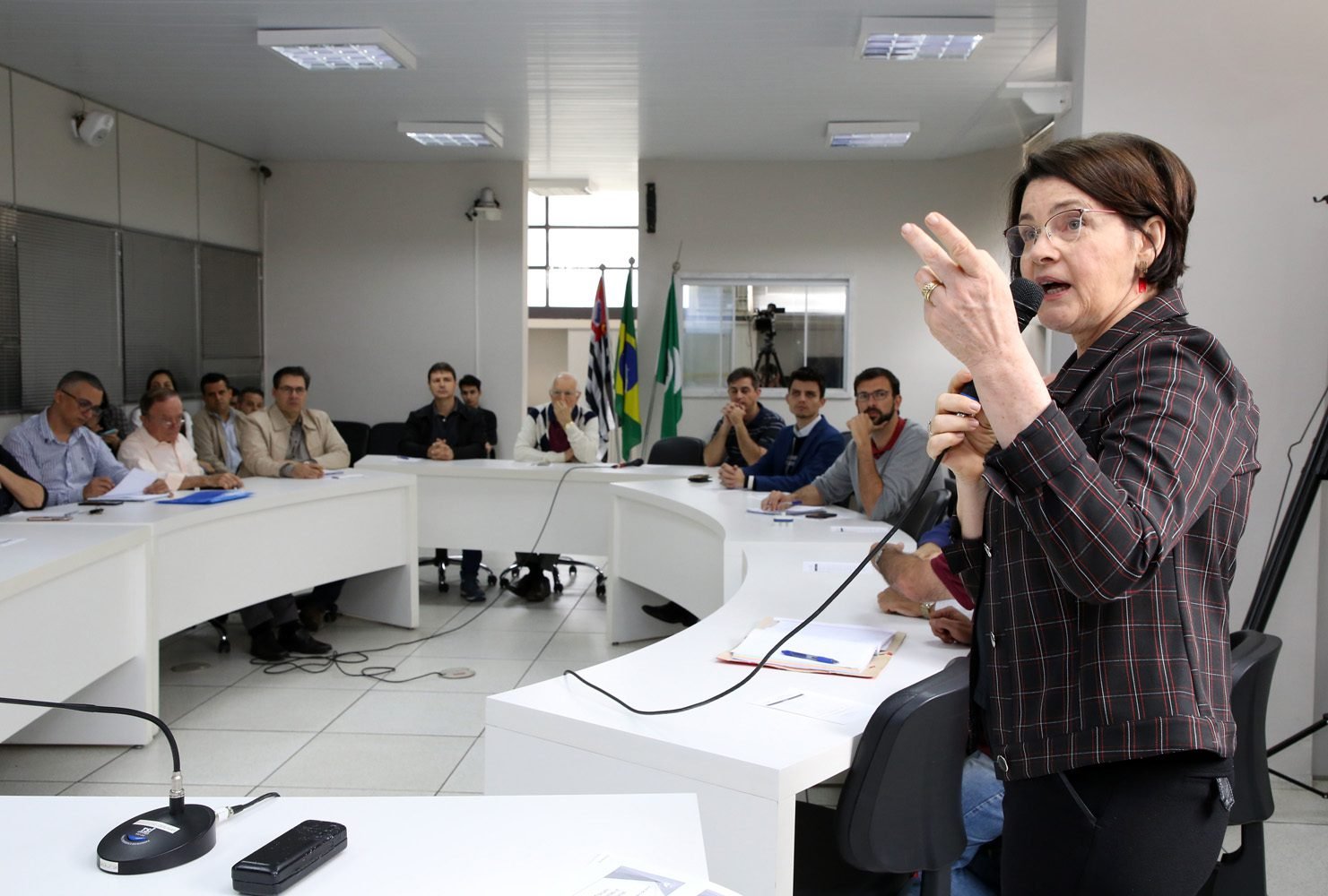 Nancy Thame ao microfone em mesa de plenário, durante fórum de sustentabilidade.