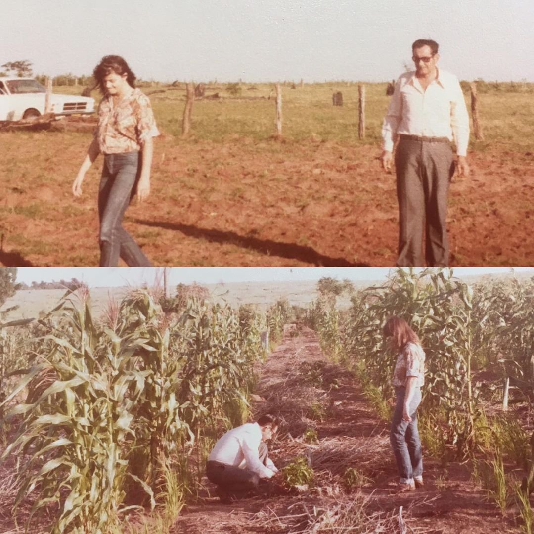 Duas fotografias antigas: Nancy Thame jovem em uma estrada de terra e em uma plantação de milho.